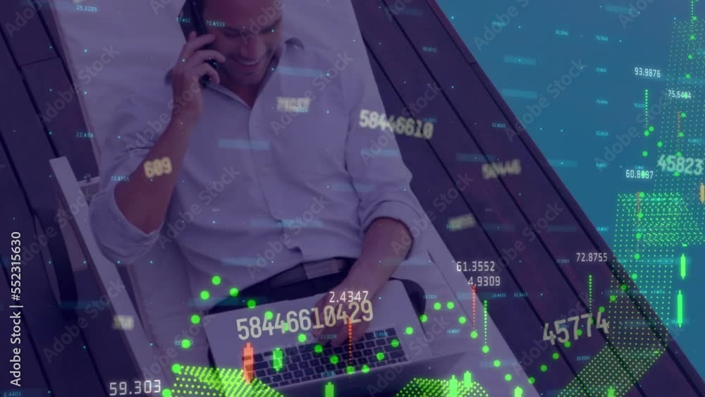 Poster animation of financial data processing over man using smartphone