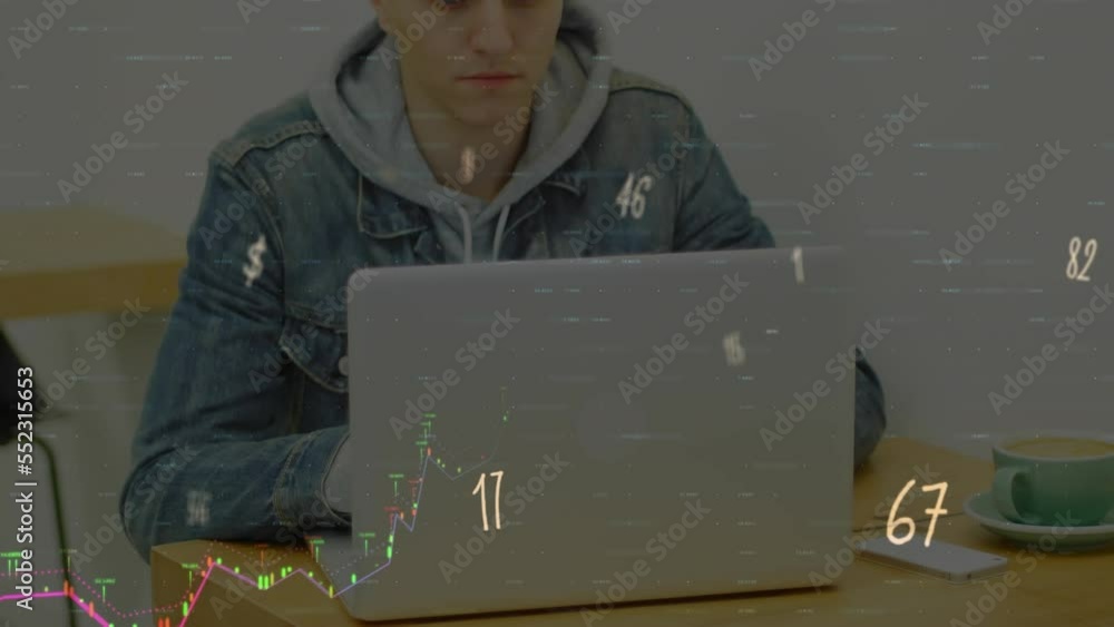 Poster animation of graphs, multiple numbers and symbols over caucasian man using laptop in office