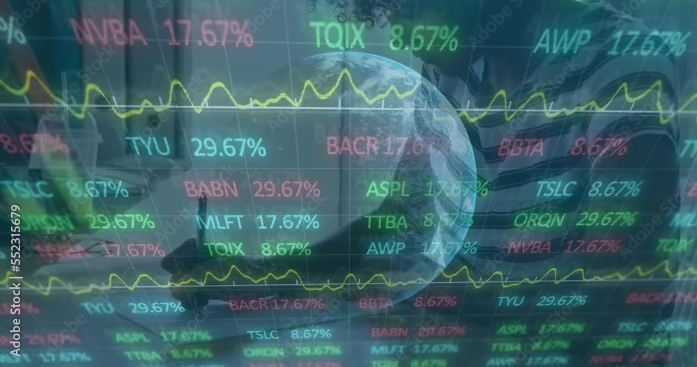 Poster animation of financial data processing and globe over businessman working in office