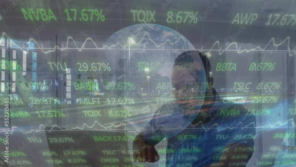 Poster animation of financial data processing and globe over man using laptop