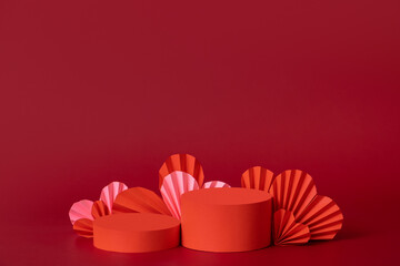 Mock up podium stage or pedestal and paper hearts. Red decorations to Valentines day for your products