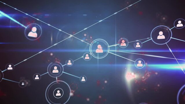 Animation of profile icons connected with lines over nucleotides, lens flares on abstract background
