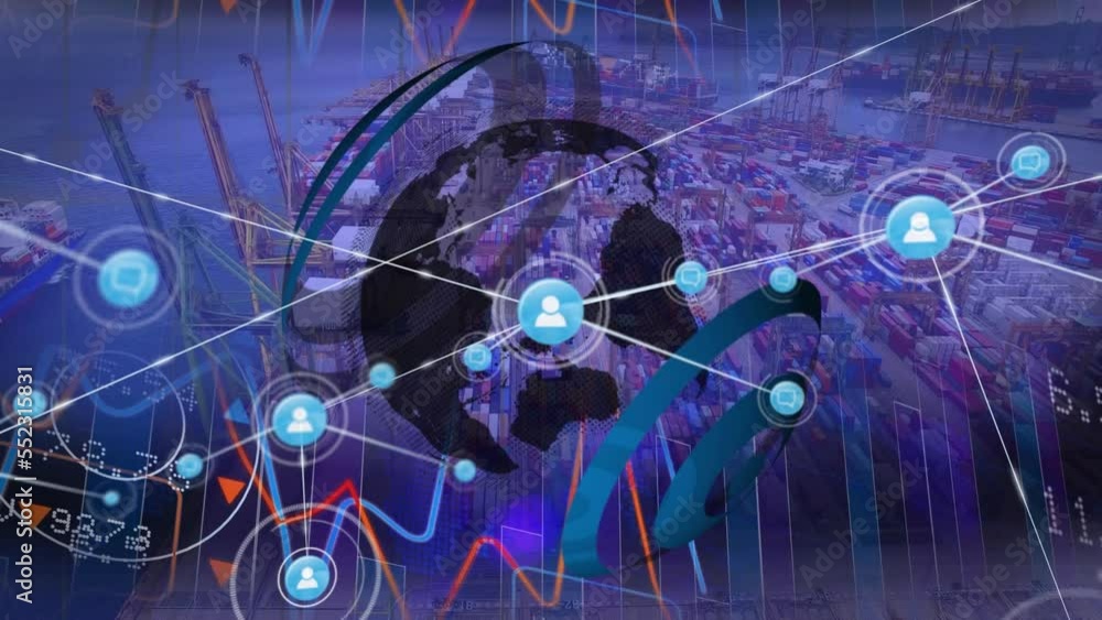 Poster animation of globe and network of connections with icons over port