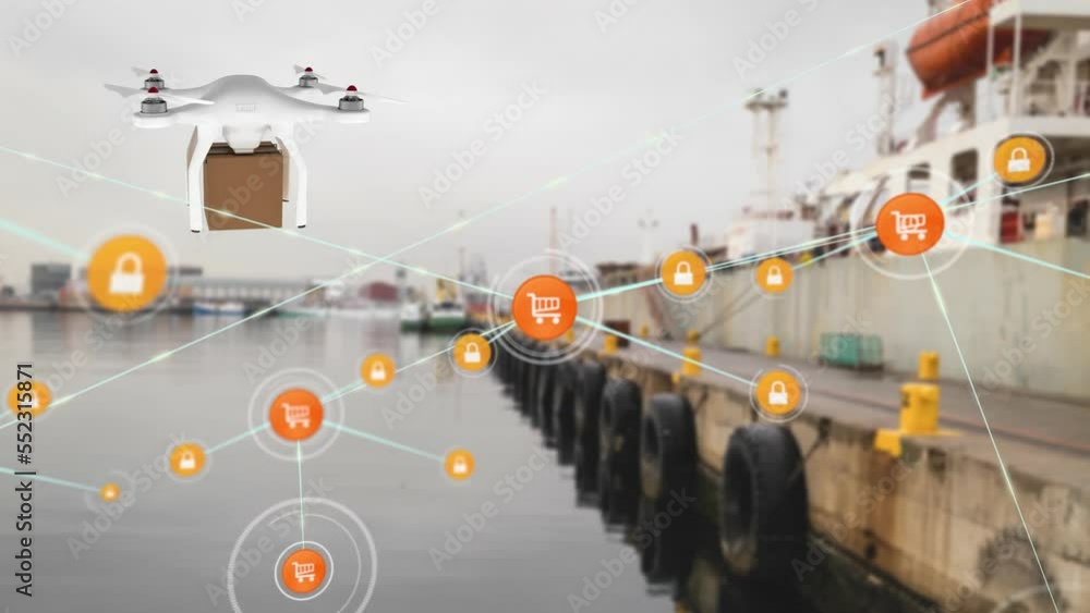 Poster animation of drone with cardboard box and network of connections with icons over port