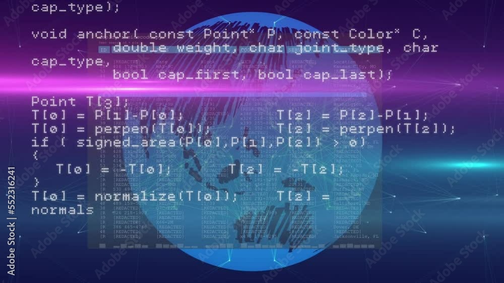Poster animation of programming language, lens flares and connected dots over blue background