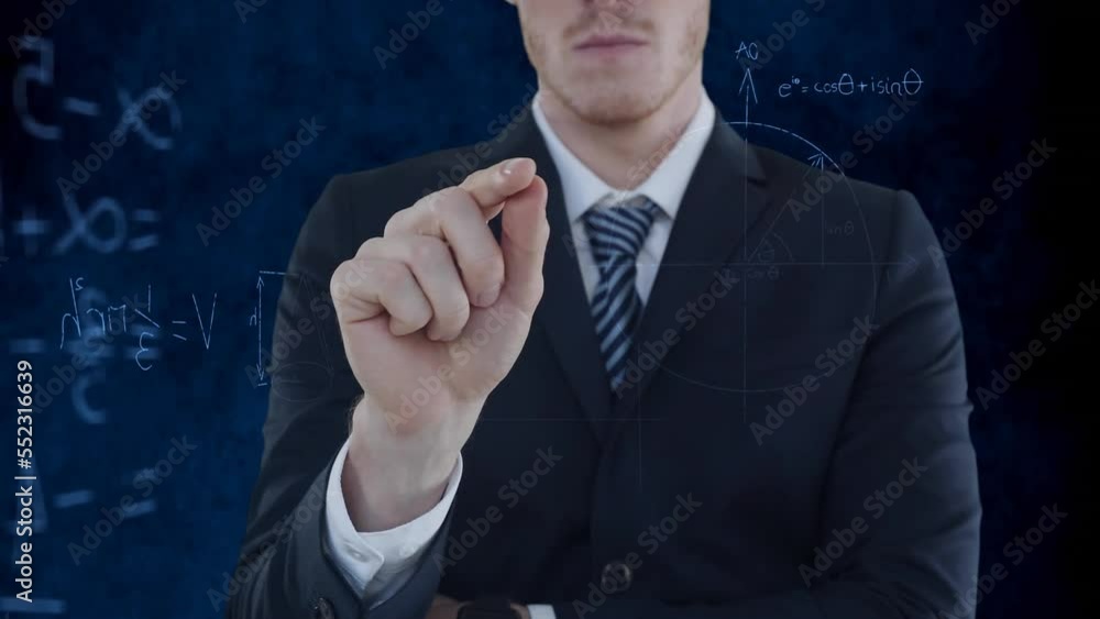 Poster animation of businessman over mathematical data processing