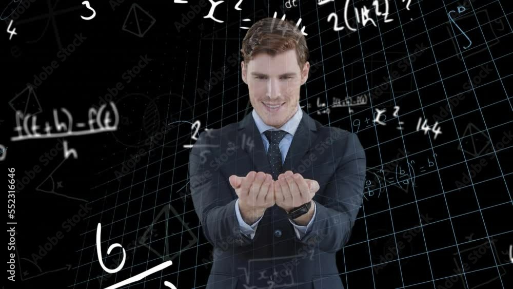 Poster animation of businessman over mathematical data processing