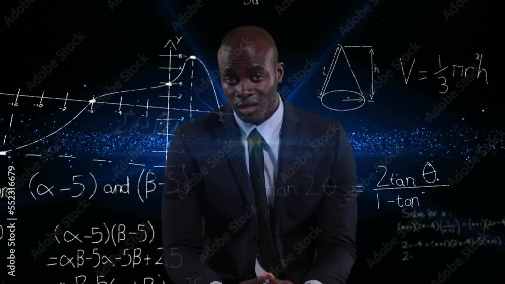 Poster animation of businessman over mathematical data processing