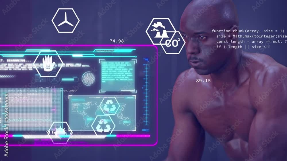 Poster animation of data processing over man exercising