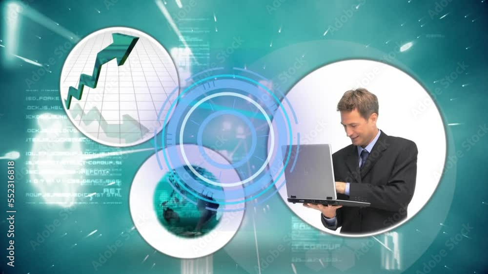 Poster animation of scope scanning and data processing over businesswoman