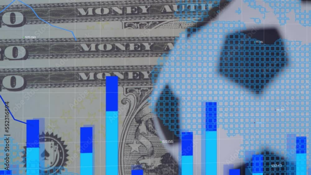 Poster animation of graphs and squares forming map over soccer ball against dollar bills in background