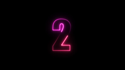 Neon number 2 on black background. Two.	