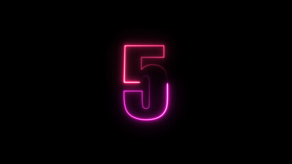 Neon number 5 on black background. Five.	