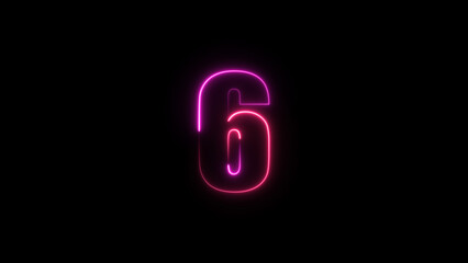 Neon number 6 on black background. Six.	