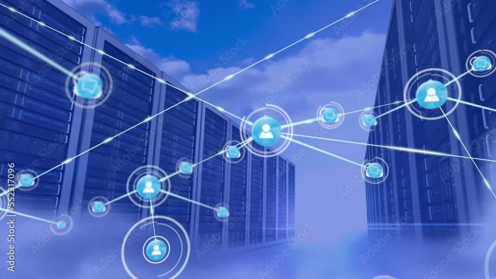 Poster animation of profile icons connected with lines over server room against cloudy sky