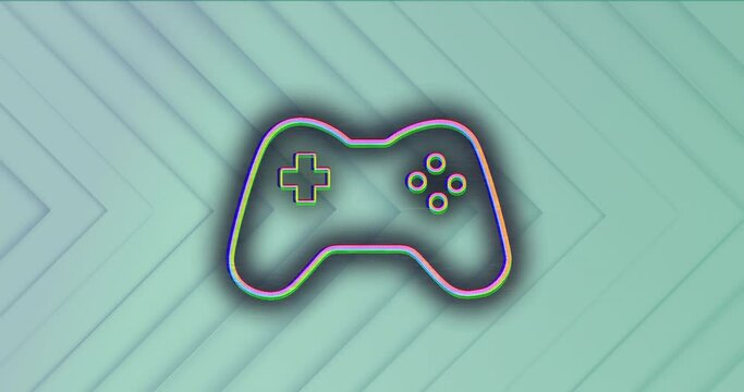 Animation of glitch technique over game controller against arrow textured pattern
