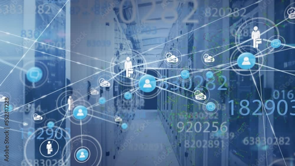 Poster animation of network of connections with people icons, data processing over computer servers