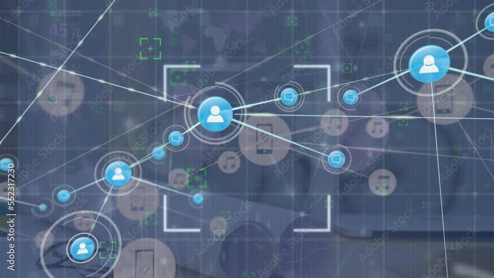 Poster animation of network of connections with people icons and data processing