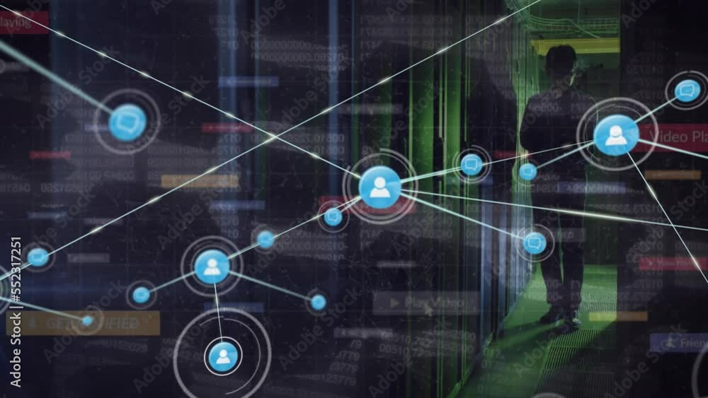Poster animation of network of connections with people icons, data processing over computer servers