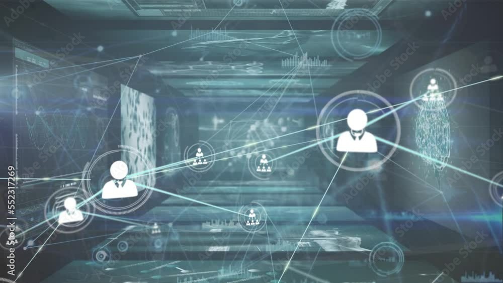 Poster animation of network of connections with people icons, data processing