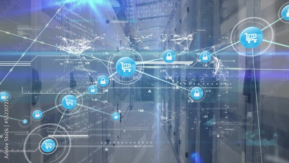 Poster animation of network of connections with icons, data processing over computer servers