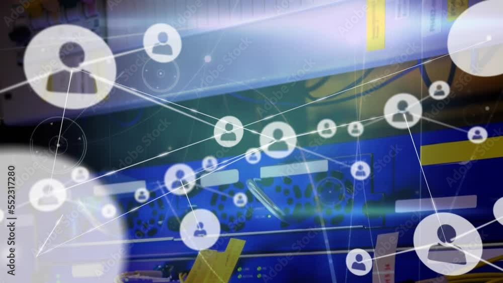 Poster animation of network of connections with people icons and data processing