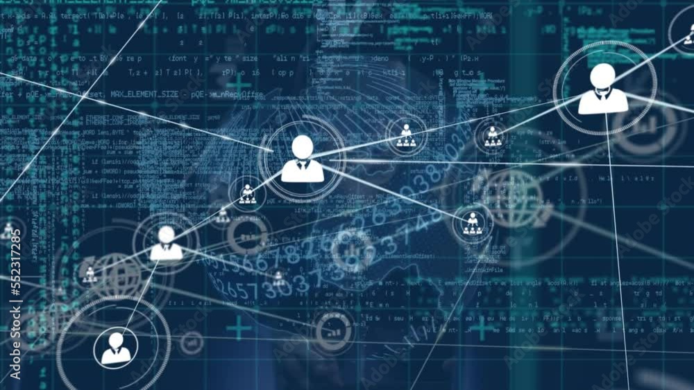 Poster Animation of network of connections with people icons and data processing