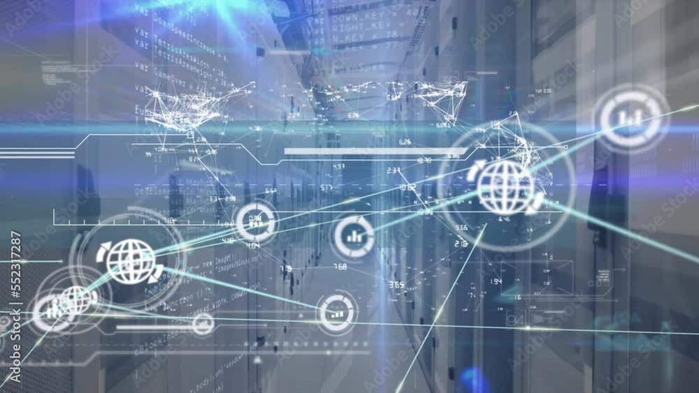 Poster animation of network of connections with icons, data processing over computer servers