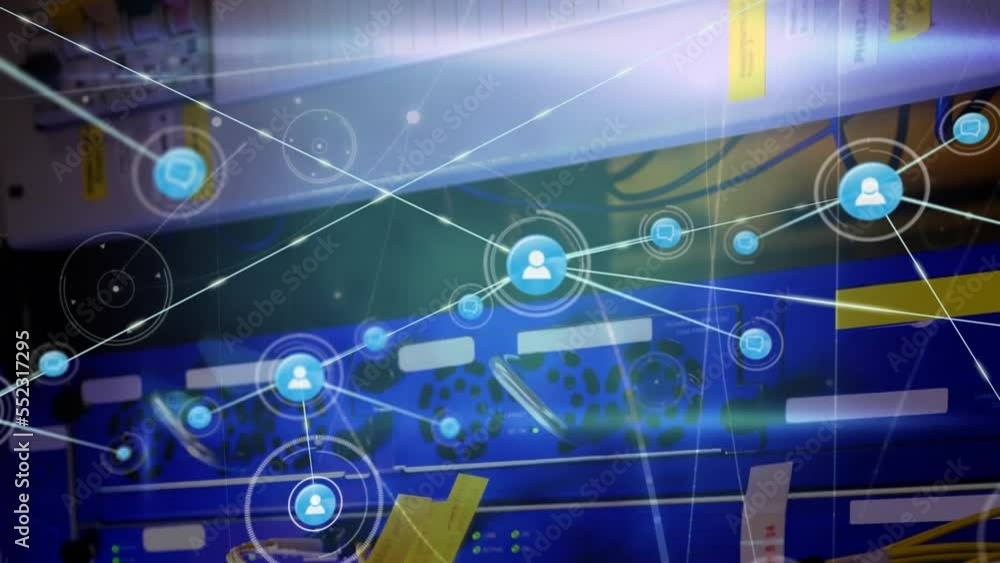 Poster animation of network of connections with people icons and data processing
