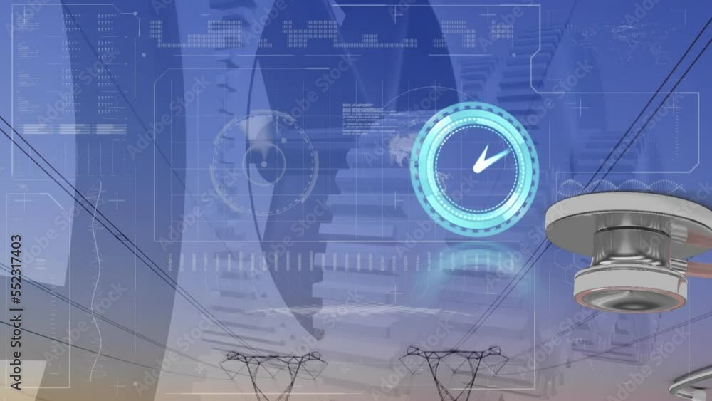 Poster animation of clock moving fast, cogs and financial data processing