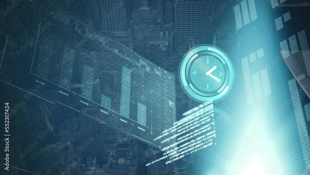 Poster animation of clock moving fast and financial data processing