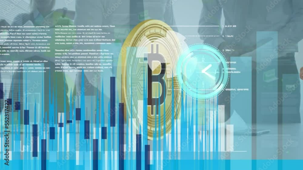 Aufkleber animation of clock moving fast, bitcoin and financial data processing
