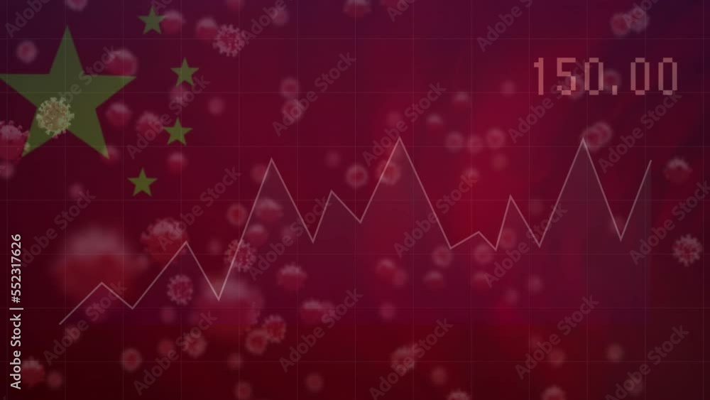 Poster animation of financial data processing and covid-19 cells floating against waving china flag