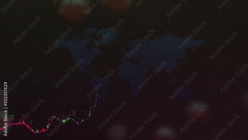 Poster animation of financial data processing and covid-19 cells floating against world map