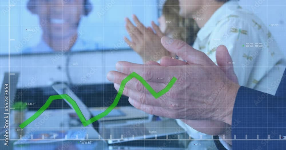 Poster animation of statistical data processing over mid section of diverse colleagues clapping at office