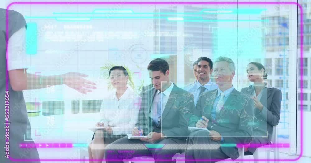 Poster animation of interface with data processing over businesswoman giving a presentation at office