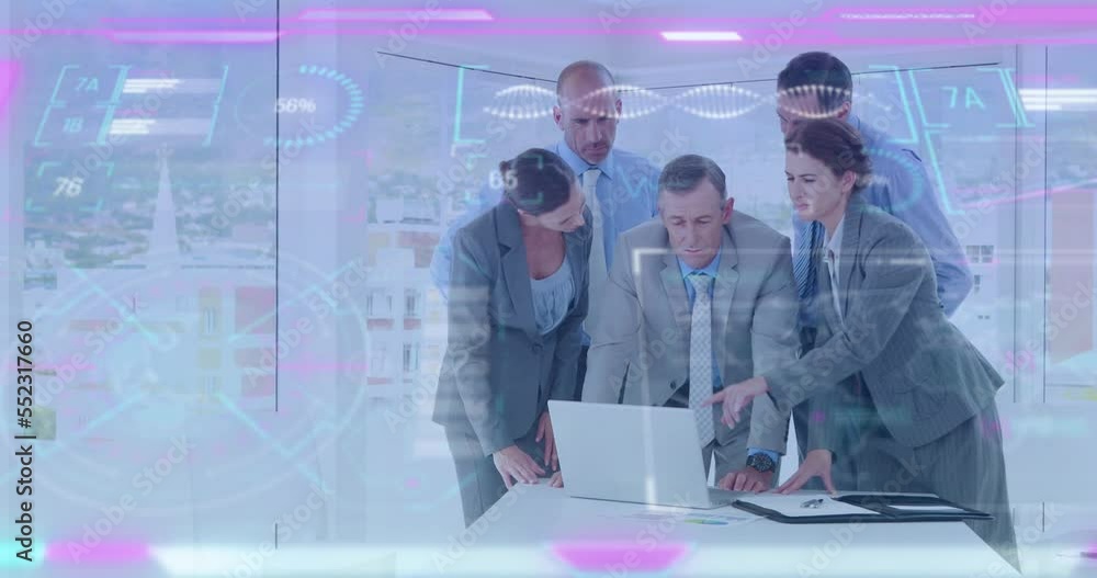 Poster animation of interface with data processing over diverse businesspeople discussing at office