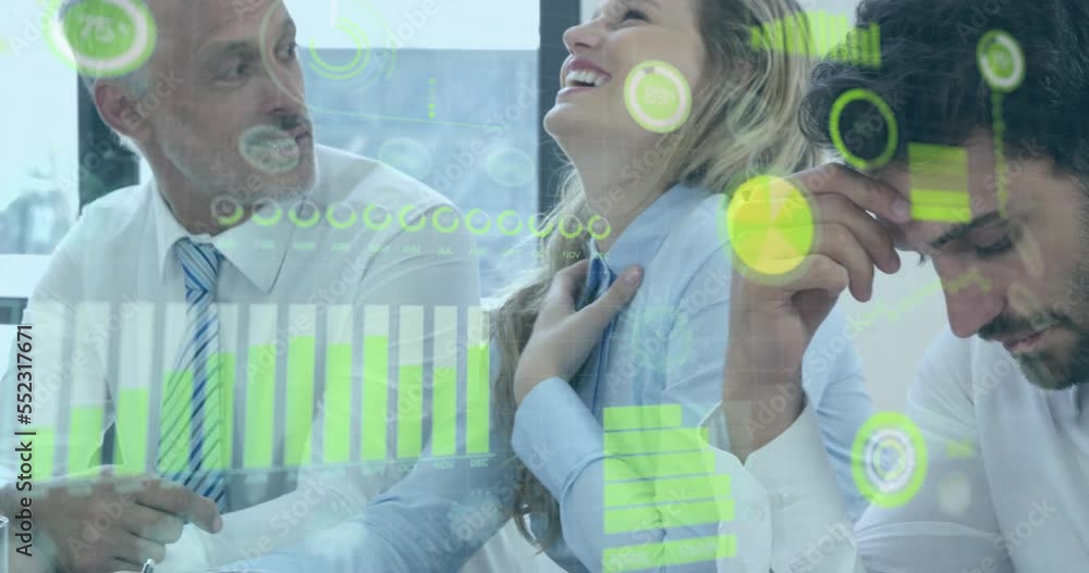 Poster animation of statistical data processing over diverse businesspeople discussing together at office