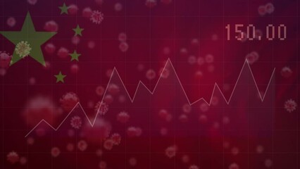 Animation of financial data processing and covid-19 cells floating against waving china flag - Powered by Adobe