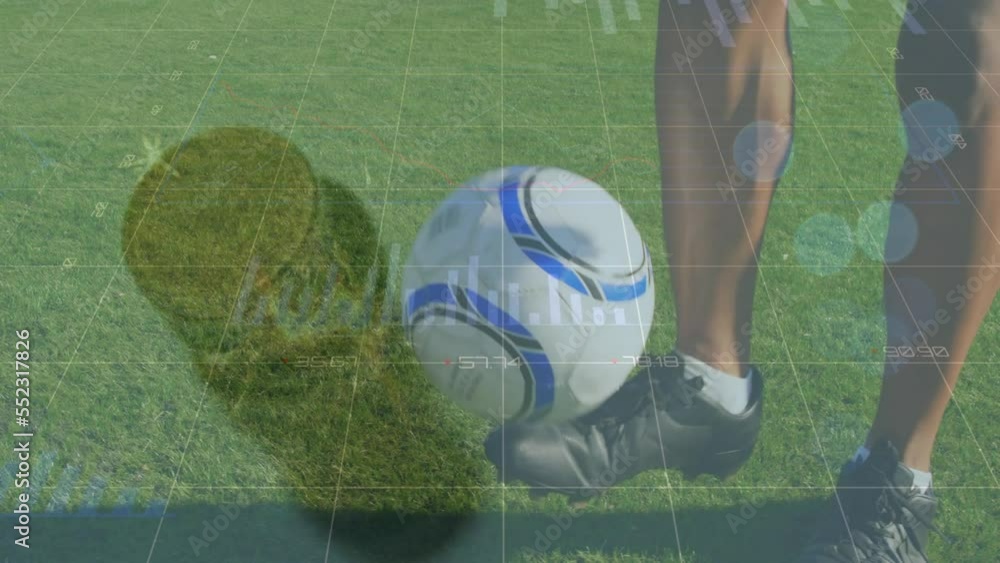 Poster animation of financial data processing over football player