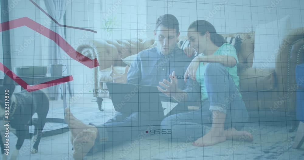 Aufkleber animation of statistical data processing over caucasian couple using laptop together at home