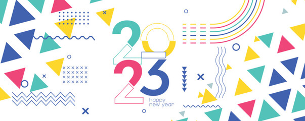 happy new year 2023 banner with modern geometric abstract white background in retro style. happy new year greeting card design for year 2023 calligraphy includes colorful shapes. Vector illustration
