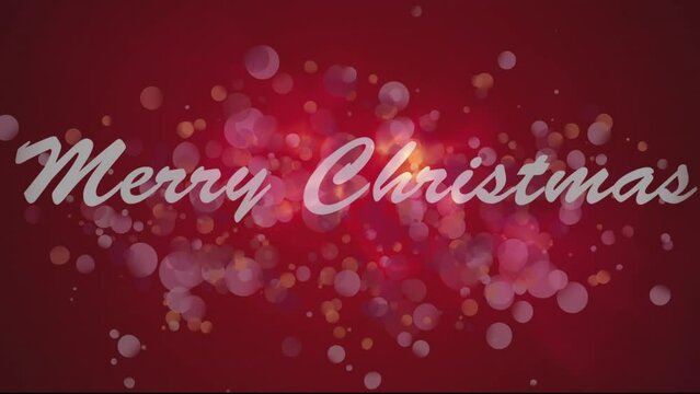 Animation of merry christmas over lights on red background