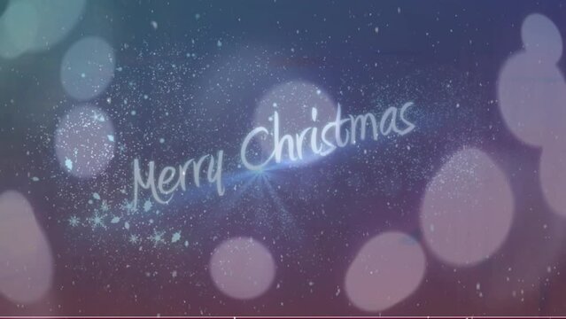 Animation of merry christmas over lights on navy background