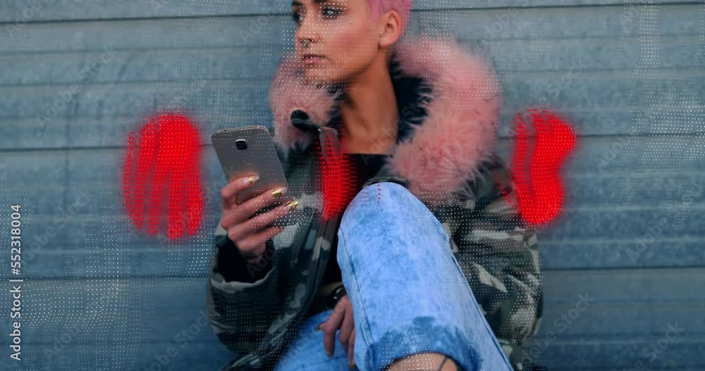 Poster animation of red abstract patterns over caucasian hipster woman using smartphone