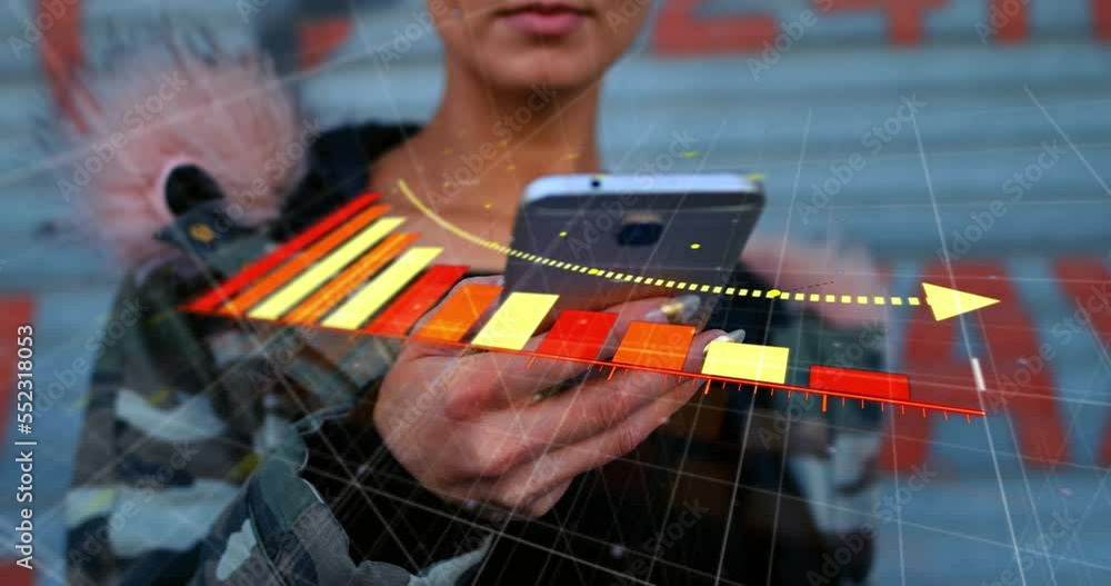 Poster animation of declining arrow with bar graph against caucasian hipster woman using smartphone