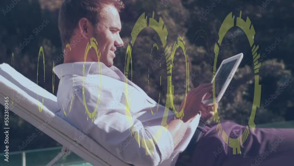Poster animation of data processing over man using tablet