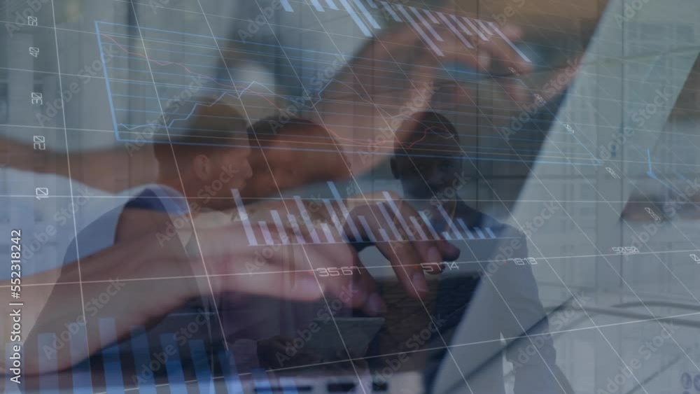 Poster animation of statistics and data processing over business people working in office