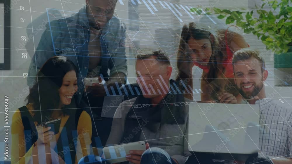 Poster animation of statistics and data processing over business people working in office