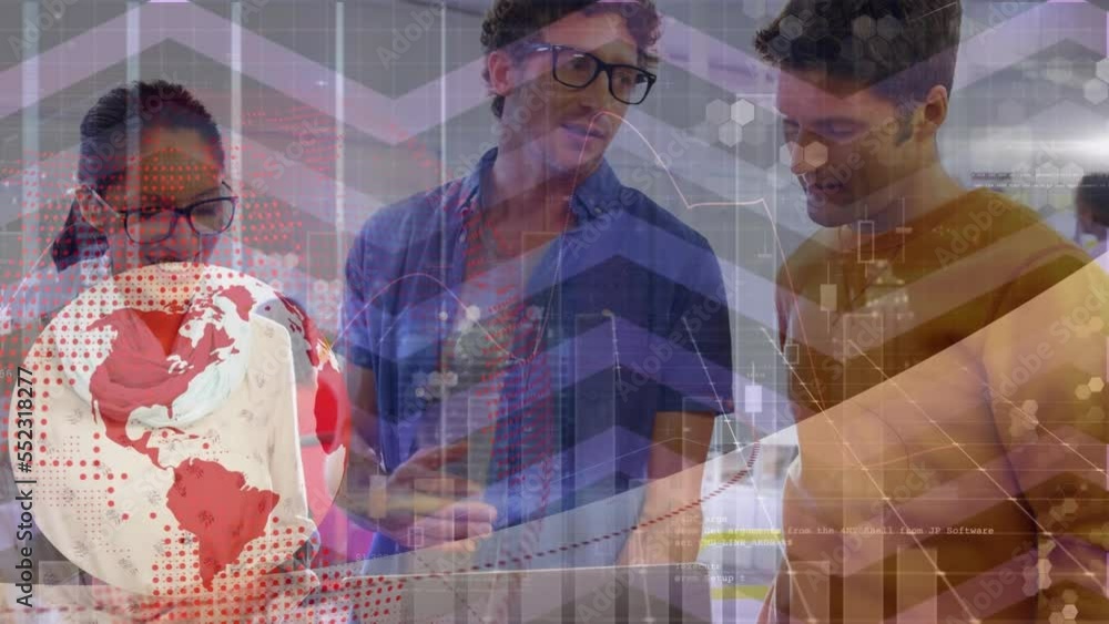 Poster animation of globe, statistics and data processing over business people working in office